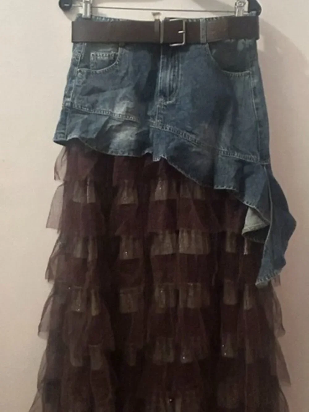 Luxe & Leather by Madonna & Co Lush Brown Tulle-Denim Belted Glitter Skirt NEW